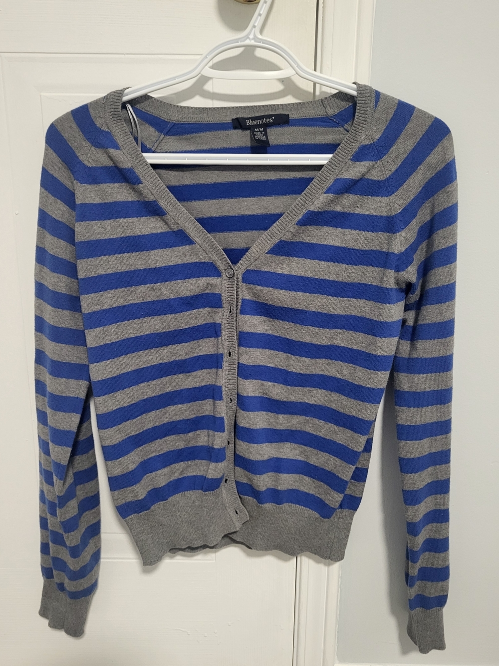 Bluenotes - Striped Gray and Blue V-Neck Sweater
